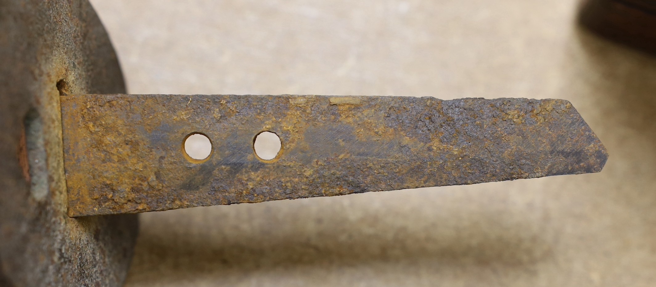 A Japanese wakizashi (corroded) with signed tang and a South African ebony knobkerrie, 80cm long